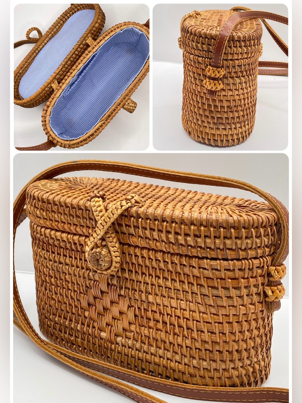 Handmade Boho Woven Rattan Crossbody Bag Natural Tan with Striped Blue Interior